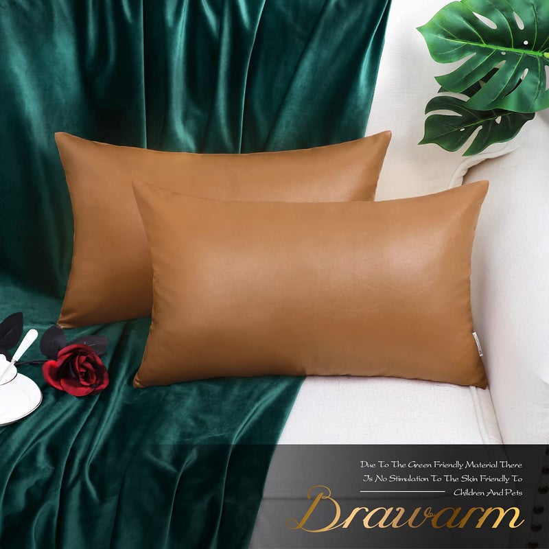 BRAWARM أغطية وسائد رمي من الجلد الصناعي BRAWARM 12 × 20 بوصة - أغطية وسائد قطنية جلدية بلون تان، عبوة من 2، أغطية وسائد مصبوغة صلبة للكنبة والسرير والحديقة والديكور المنزلي - Image 2